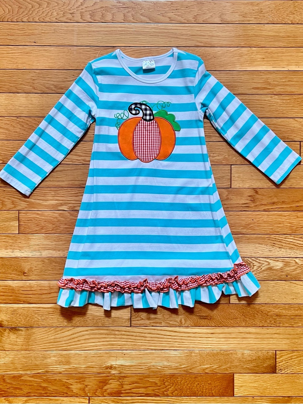 🎃Large (5/6) Darling Striped Aqua Pumpkin Appliqué Dress!